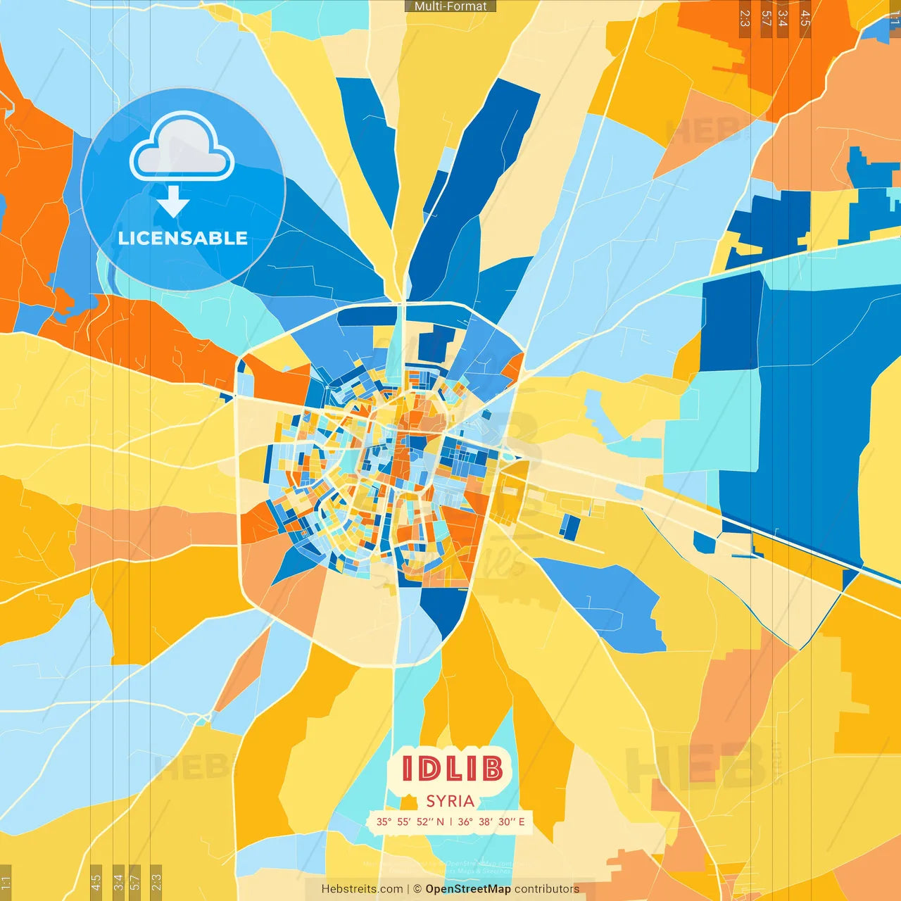 Idlib, Syria blue and orange vector art map template