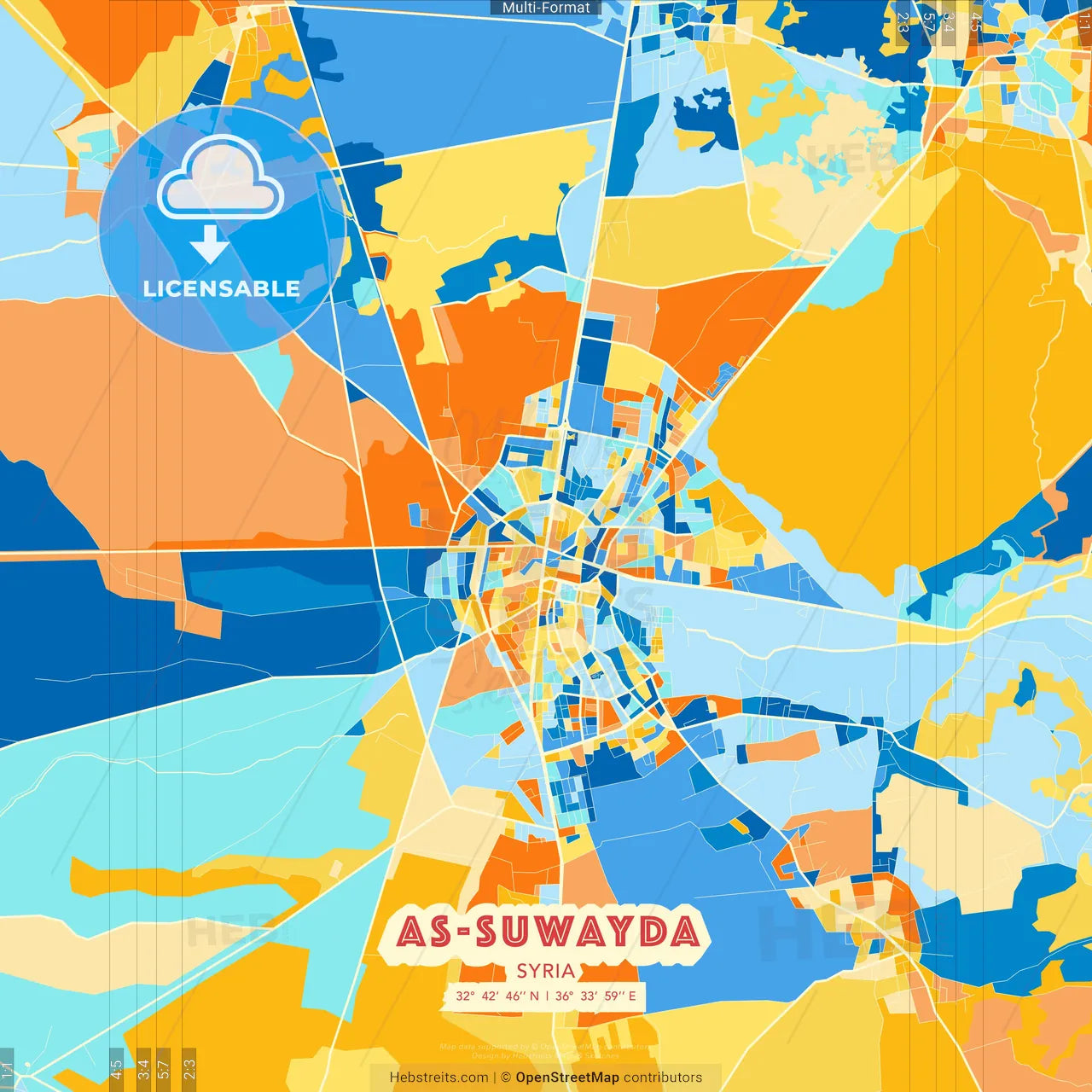 As-Suwayda, Syria blue and orange vector art map template