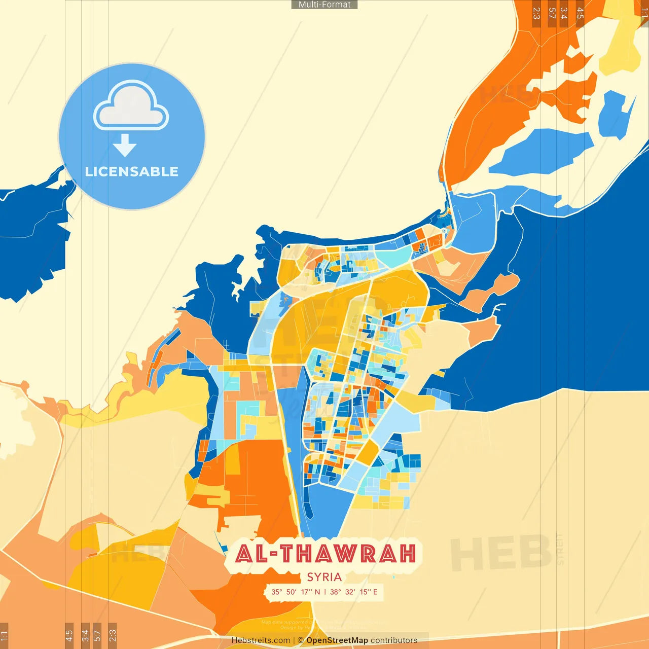 Al-Thawrah, Syria blue and orange vector art map template