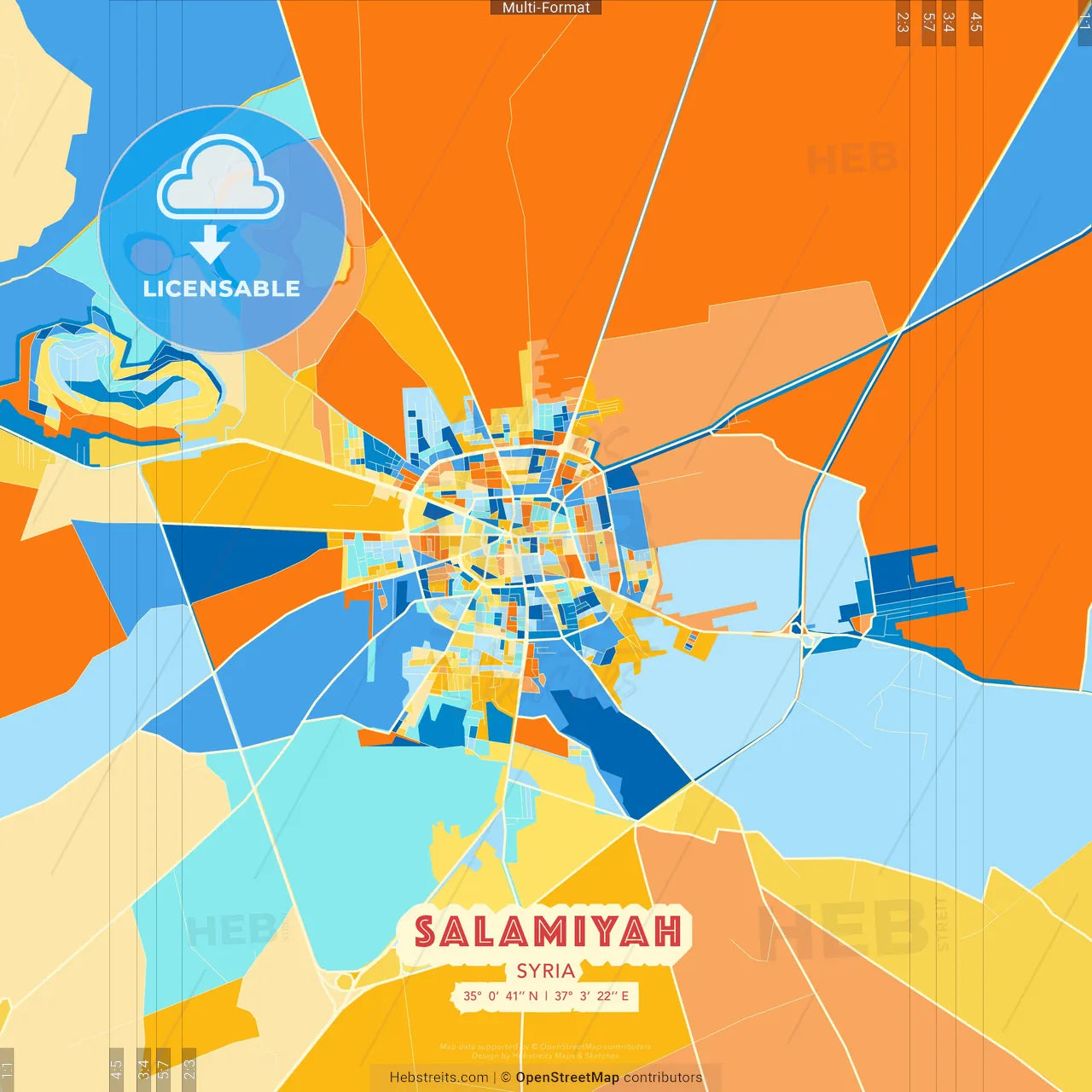 Salamiyah, Syria blue and orange vector art map template