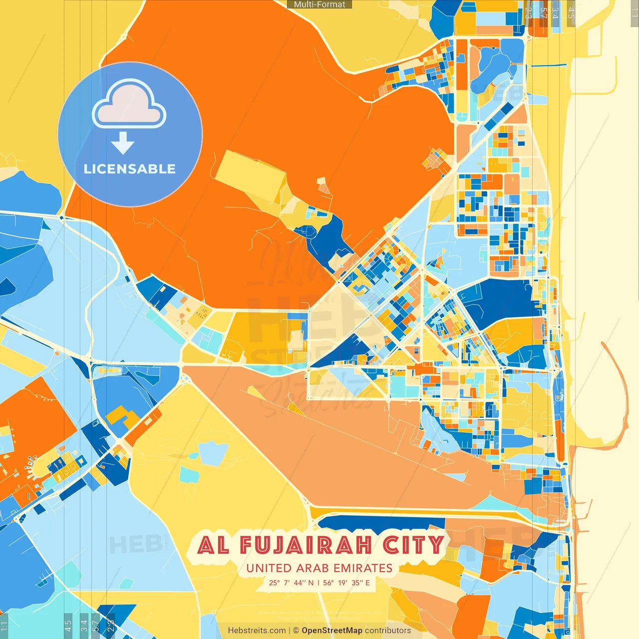 Al Fujairah City  , United Arab Emirates blue and orange vector art map template