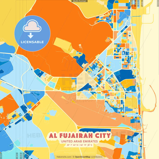 Al Fujairah City  , United Arab Emirates blue and orange vector art map template