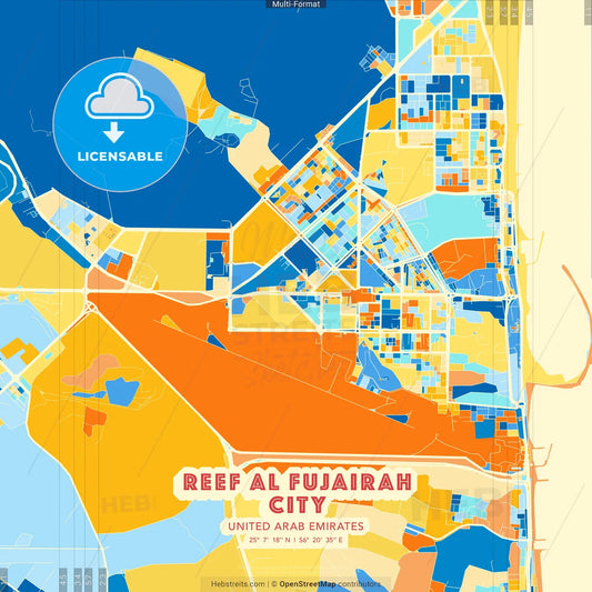 Reef Al Fujairah City, United Arab Emirates blue and orange vector art map template