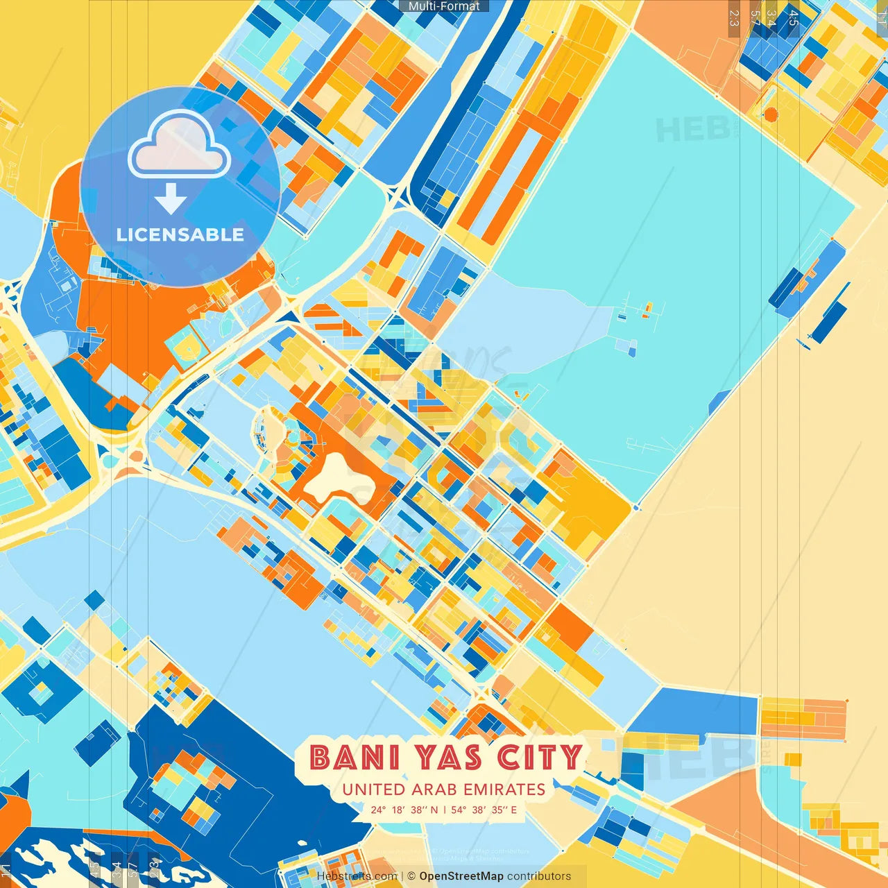Bani Yas City, United Arab Emirates blue and orange vector art map template