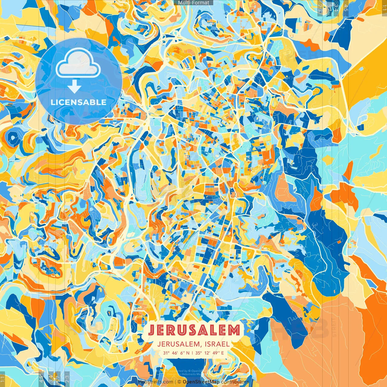 Jerusalem, Jerusalem, Israel blue and orange vector art map template