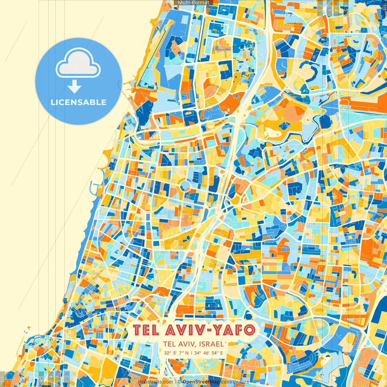 Tel Aviv-Yafo, Tel Aviv, Israel blue and orange vector art map template