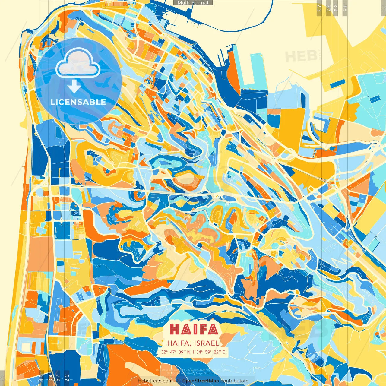 Haifa, Haifa, Israel blue and orange vector art map template