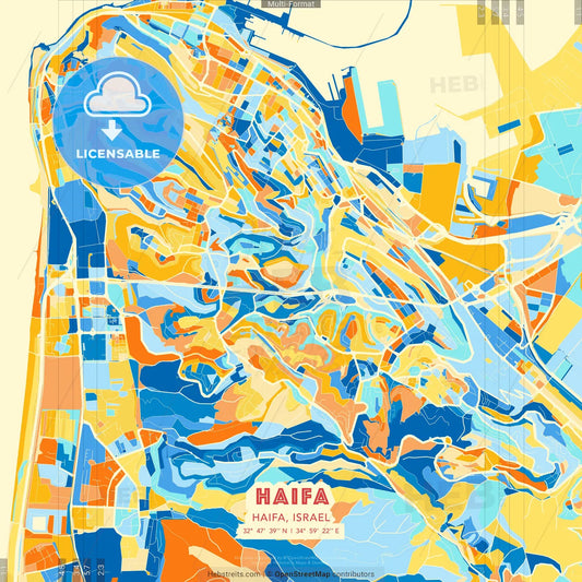 Haifa, Haifa, Israel blue and orange vector art map template