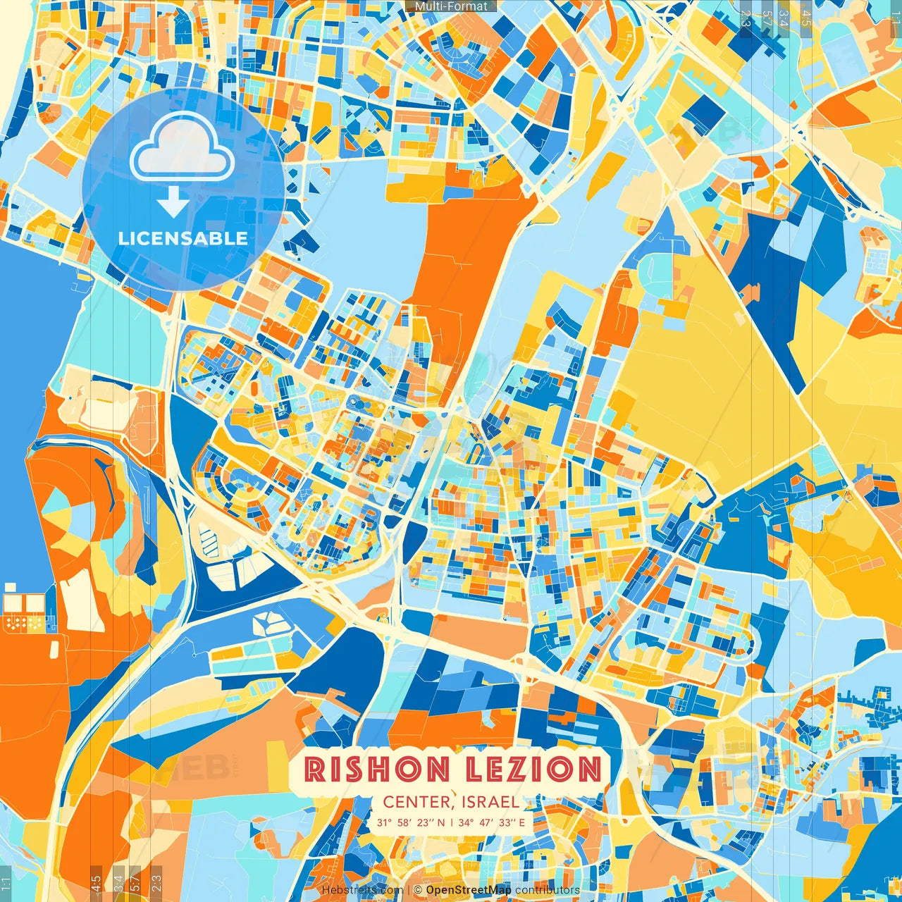 Rishon LeZion, Center, Israel blue and orange vector art map template
