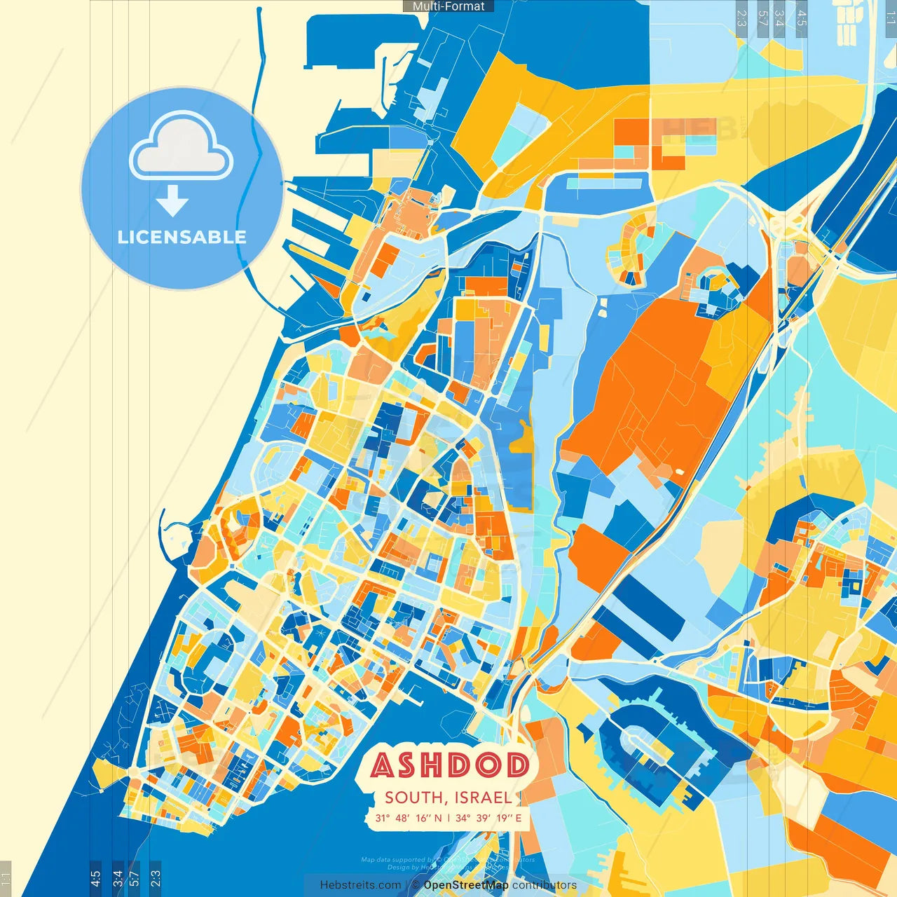 Ashdod, South, Israel blue and orange vector art map template