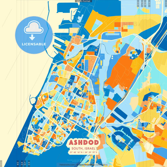 Ashdod, South, Israel blue and orange vector art map template