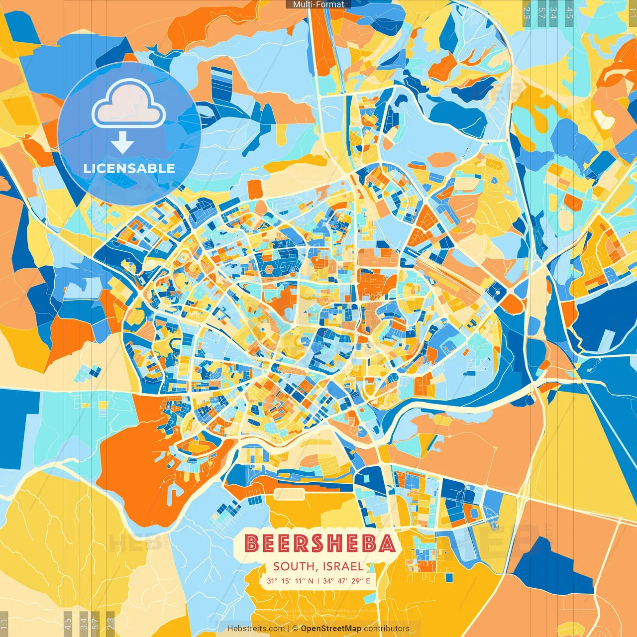 Beersheba, South, Israel blue and orange vector art map template