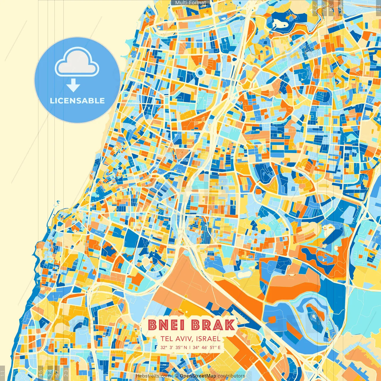 Bnei Brak, Tel Aviv, Israel blue and orange vector art map template