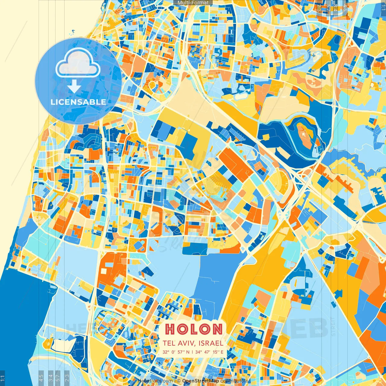 Holon, Tel Aviv, Israel blue and orange vector art map template