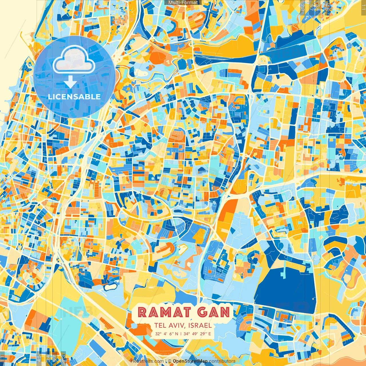Ramat Gan, Tel Aviv, Israel blue and orange vector art map template
