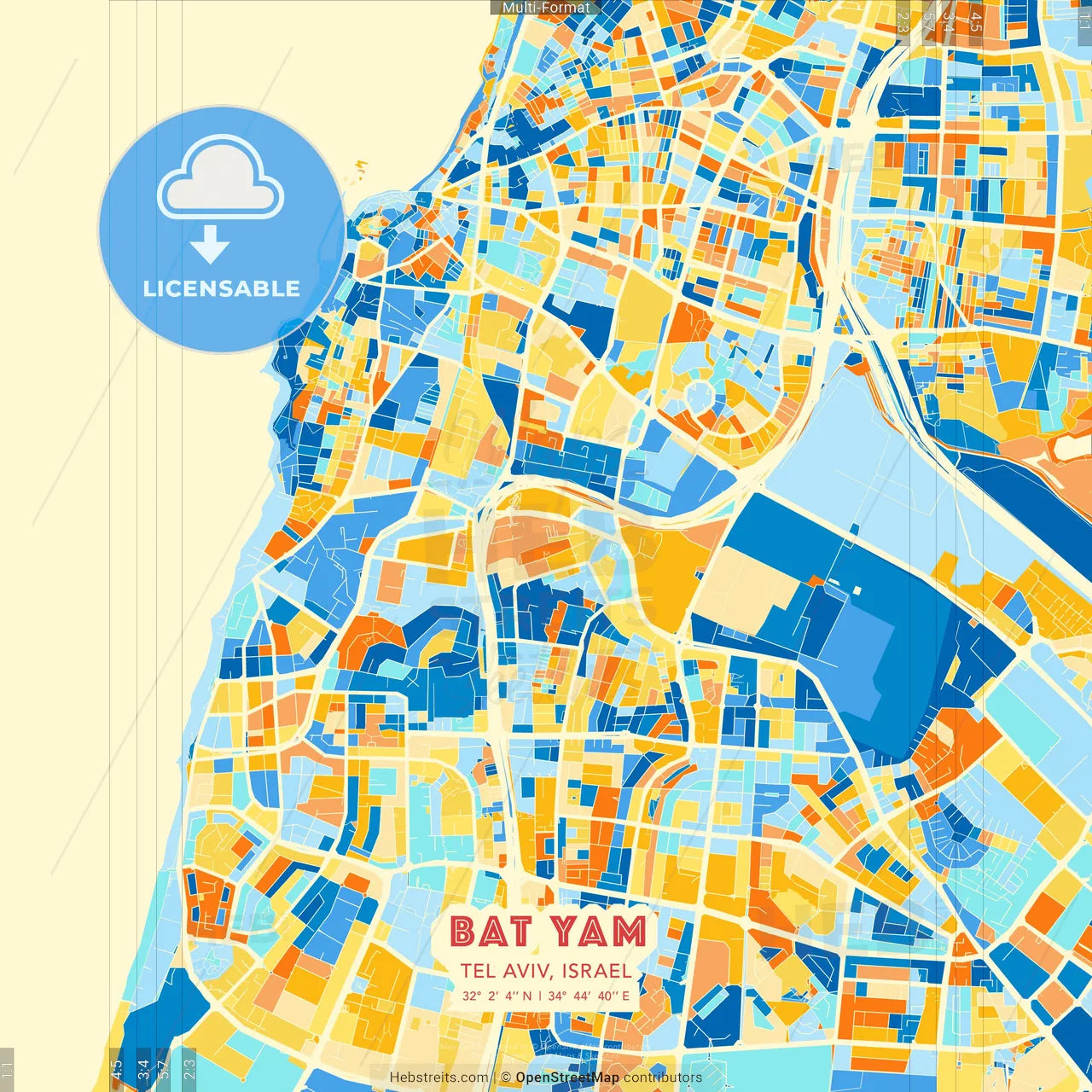 Bat Yam, Tel Aviv, Israel blue and orange vector art map template