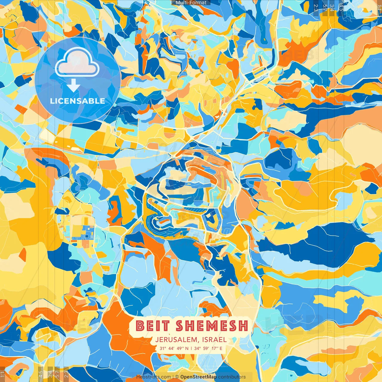 Beit Shemesh, Jerusalem, Israel blue and orange vector art map template