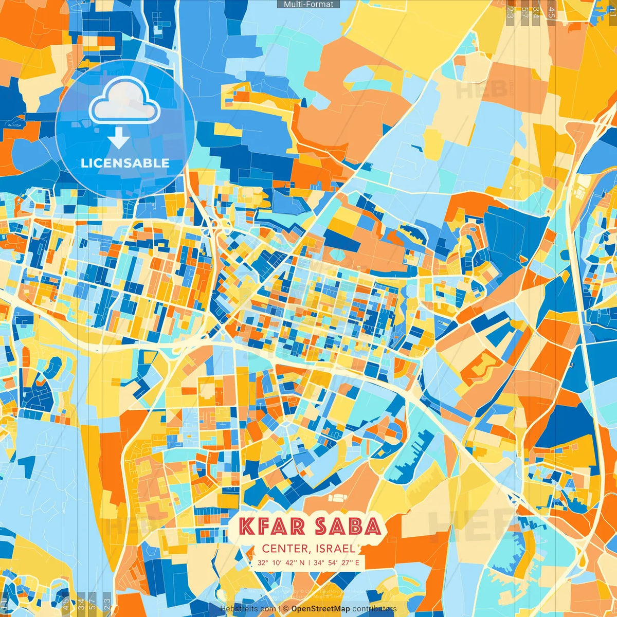 Kfar Saba, Center, Israel blue and orange vector art map template