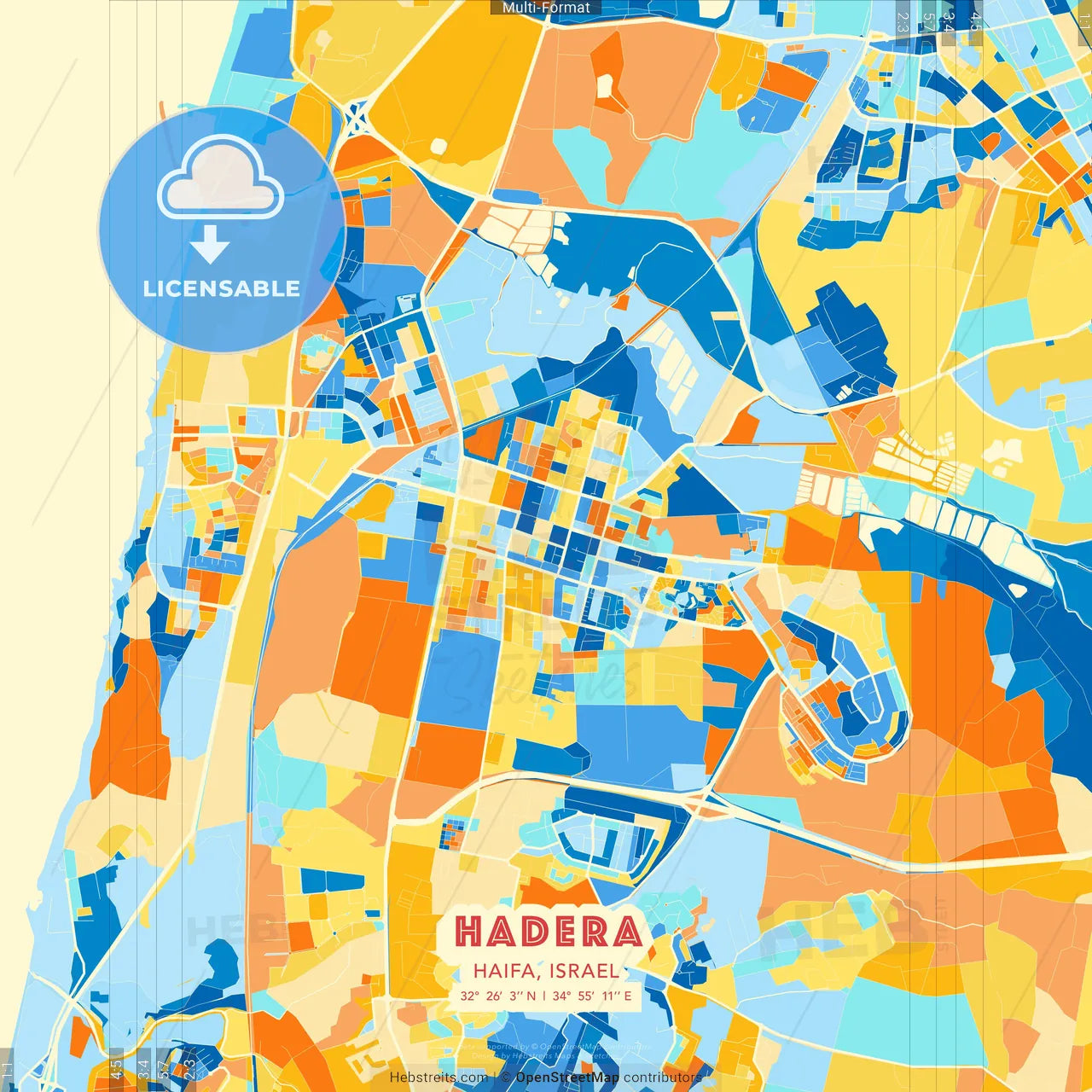Hadera, Haifa, Israel blue and orange vector art map template