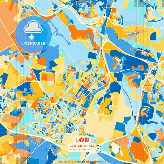 Lod, Center, Israel blue and orange vector art map template