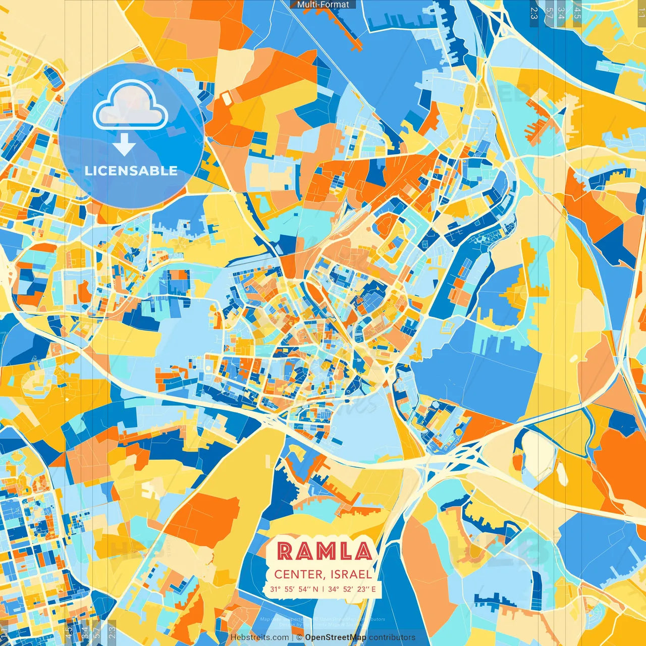 Ramla, Center, Israel blue and orange vector art map template