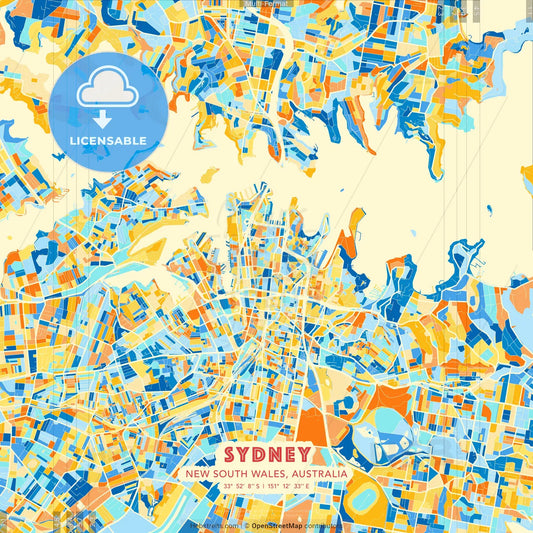 Sydney, New South Wales, Australia blue and orange vector art map template