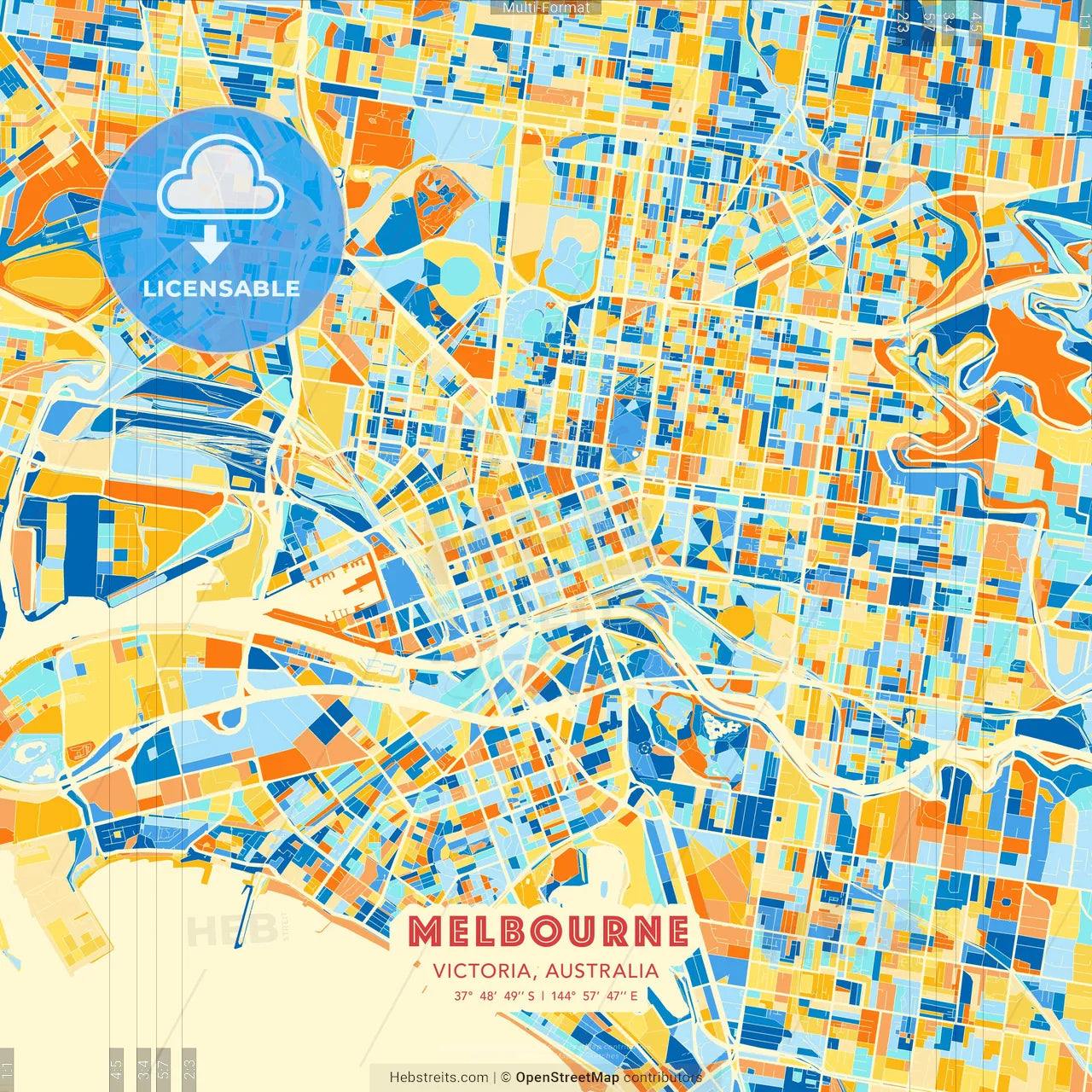 Melbourne, Victoria, Australia blue and orange vector art map template