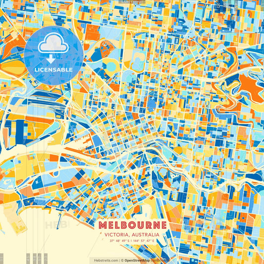 Melbourne, Victoria, Australia blue and orange vector art map template