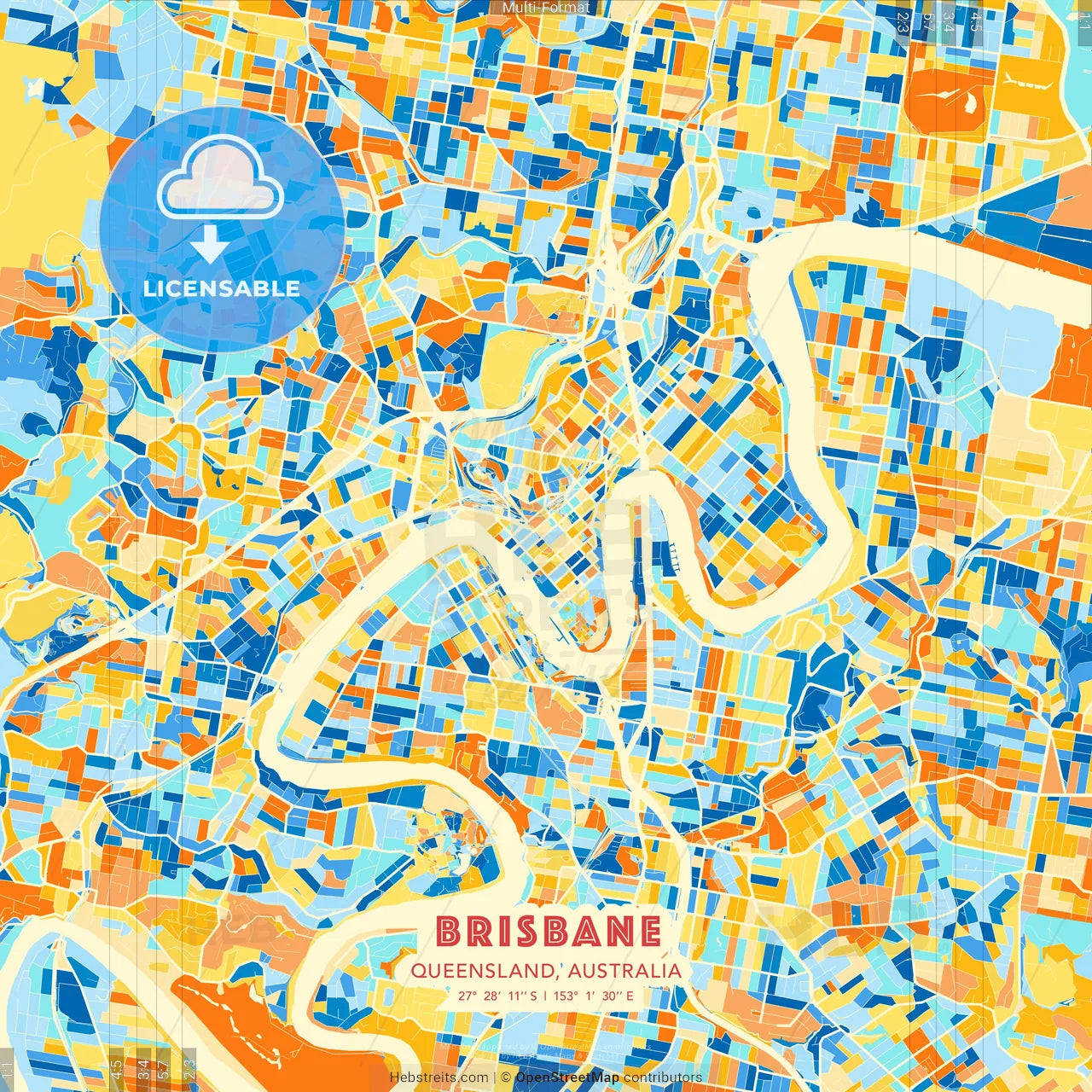 Brisbane, Queensland, Australia blue and orange vector art map template