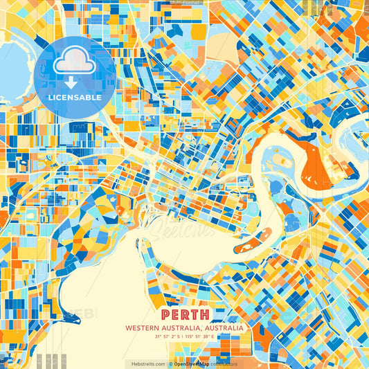 Perth, Western Australia, Australia blue and orange vector art map template