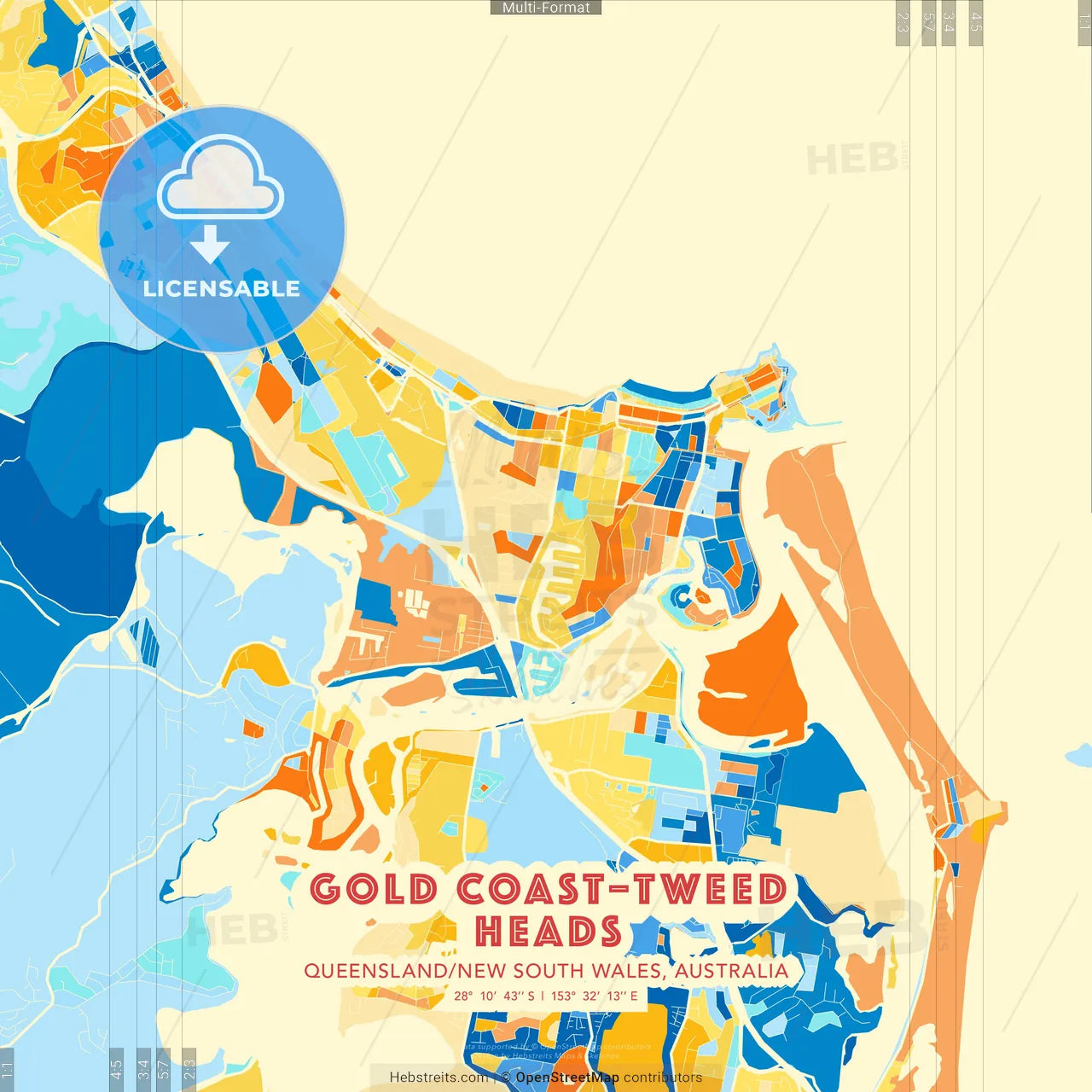 Gold Coast–Tweed Heads, Queensland/New South Wales, Australia blue and orange vector art map template