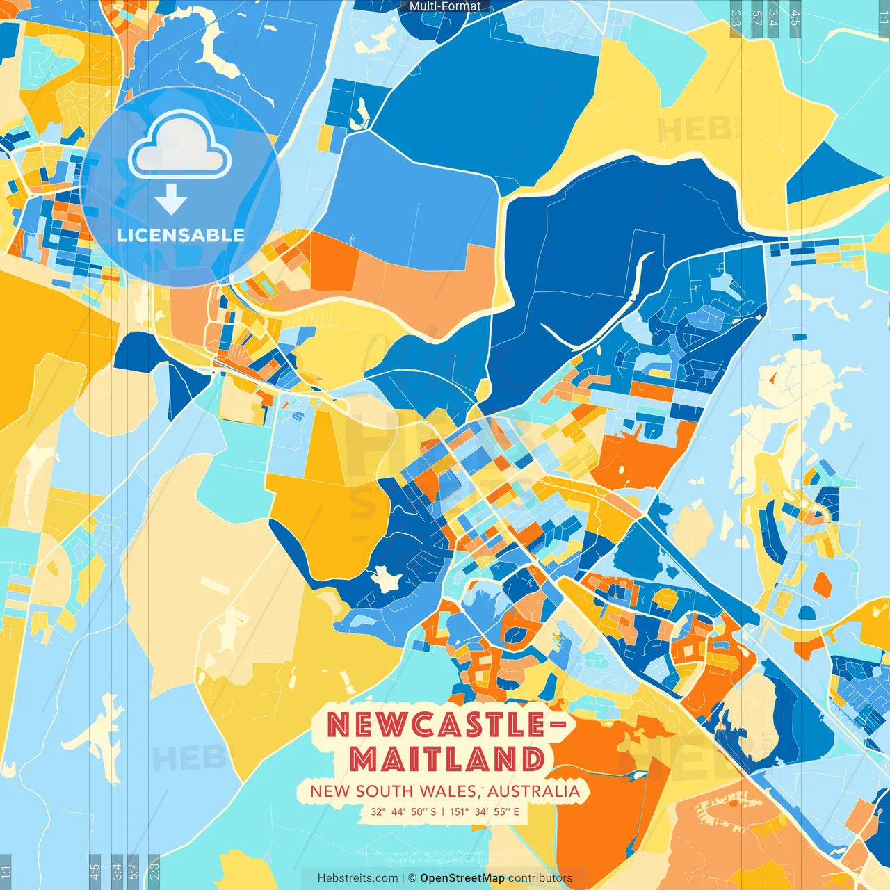 Newcastle–Maitland, New South Wales, Australia blue and orange vector art map template