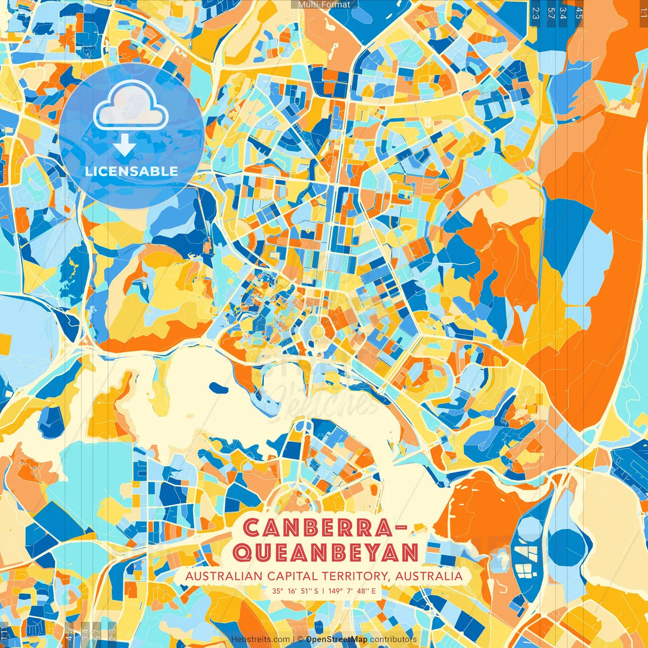 Canberra–Queanbeyan, Australian Capital Territory, Australia blue and orange vector art map template