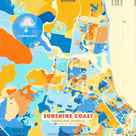Sunshine Coast, Queensland, Australia blue and orange vector art map template