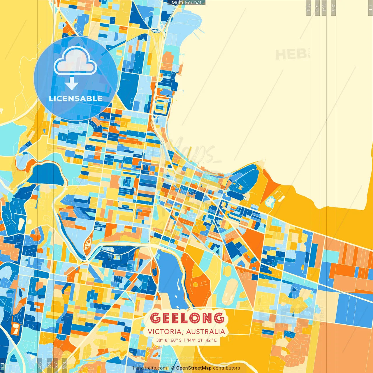 Geelong, Victoria, Australia blue and orange vector art map template