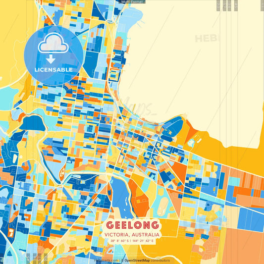 Geelong, Victoria, Australia blue and orange vector art map template