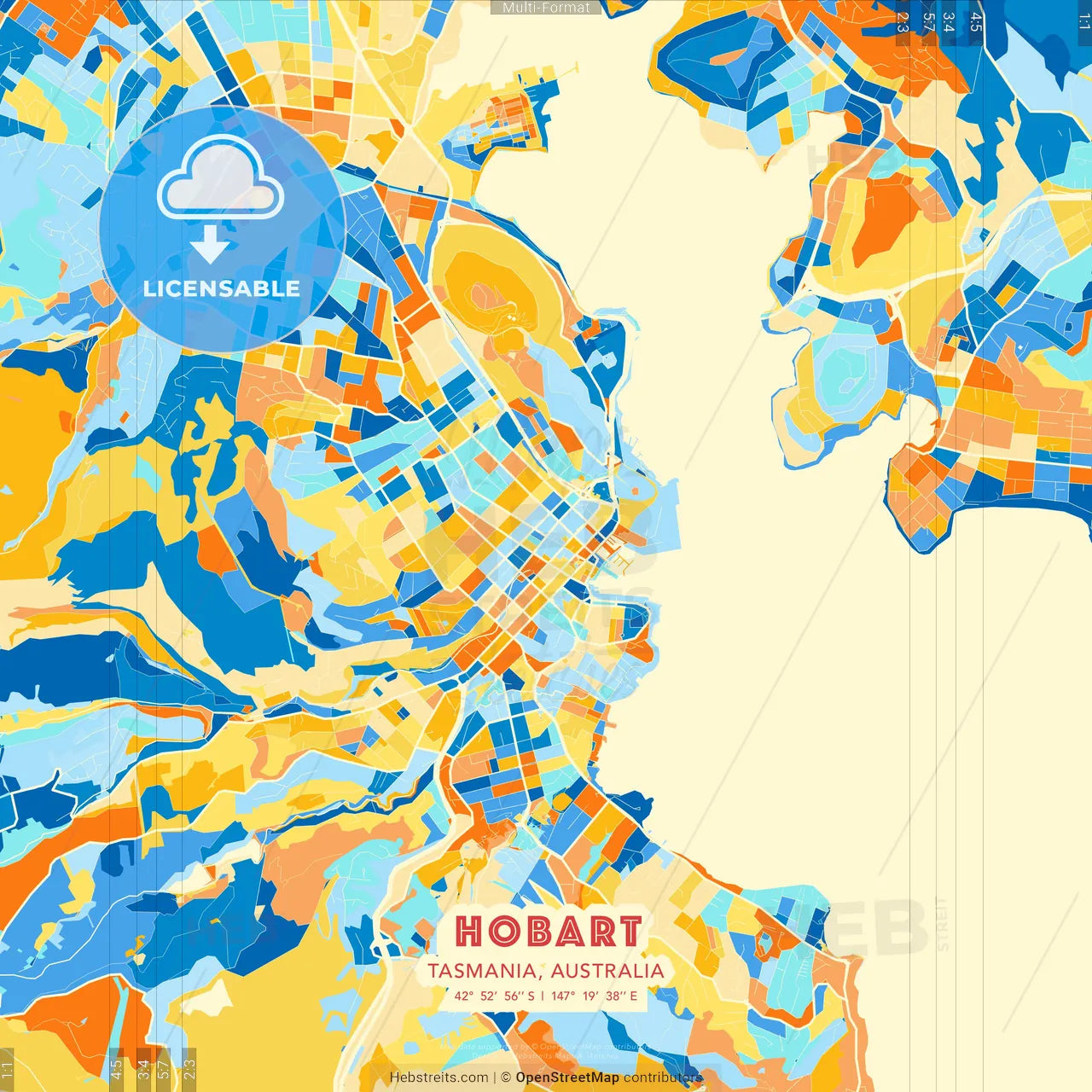 Hobart, Tasmania, Australia blue and orange vector art map template