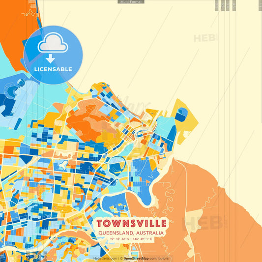 Townsville, Queensland, Australia blue and orange vector art map template