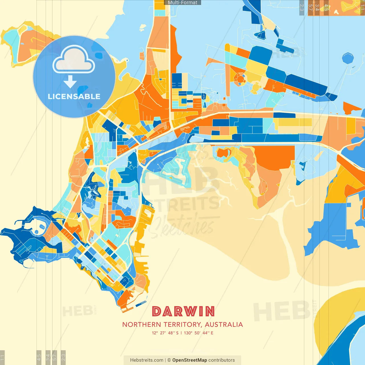 Darwin, Northern Territory, Australia blue and orange vector art map template