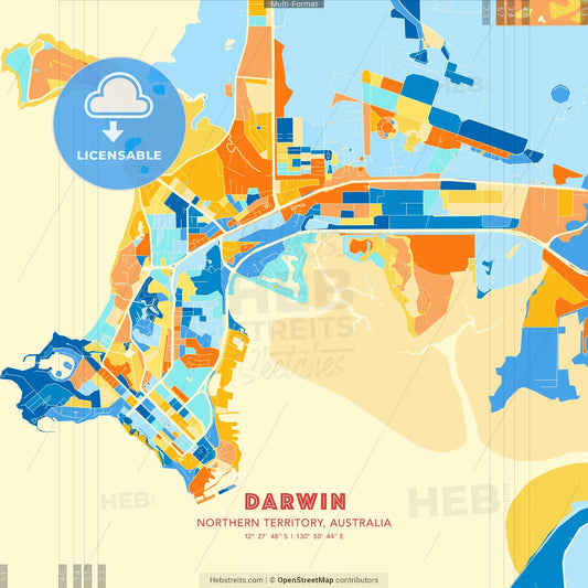 Darwin, Northern Territory, Australia blue and orange vector art map template