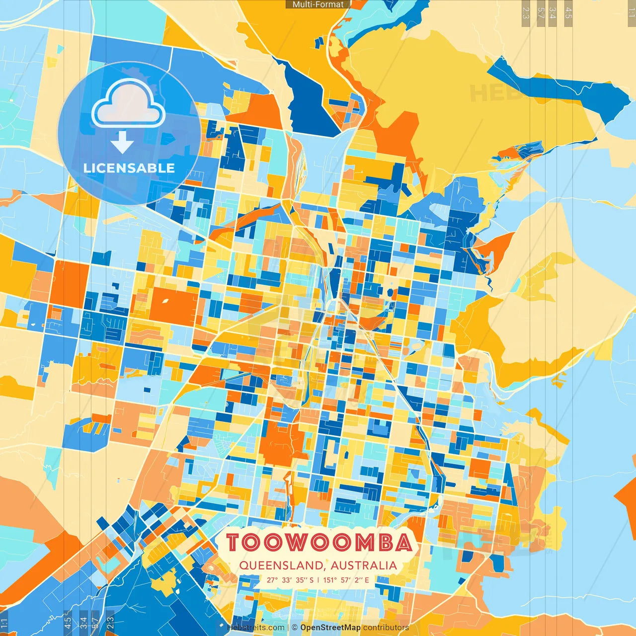 Toowoomba, Queensland, Australia blue and orange vector art map template