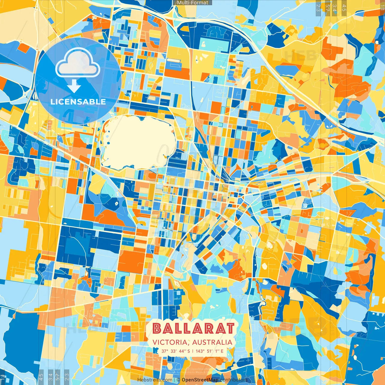 Ballarat, Victoria, Australia blue and orange vector art map template
