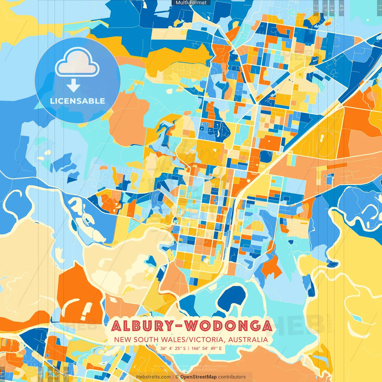 Albury–Wodonga, New South Wales/Victoria, Australia blue and orange vector art map template