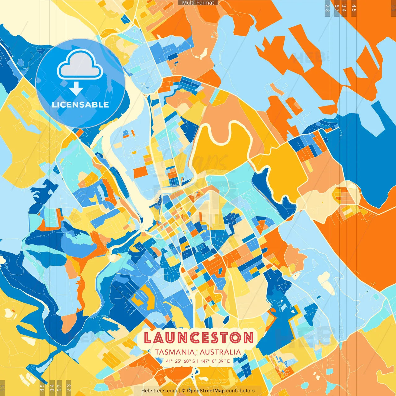 Launceston, Tasmania, Australia blue and orange vector art map template