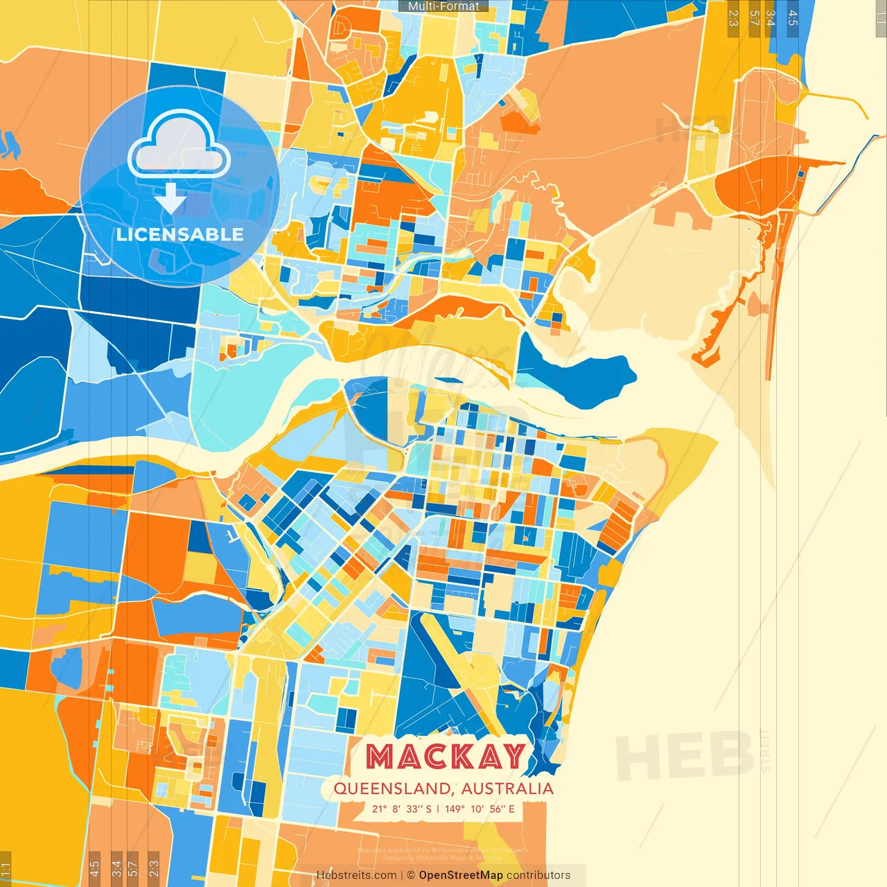 Mackay, Queensland, Australia blue and orange vector art map template