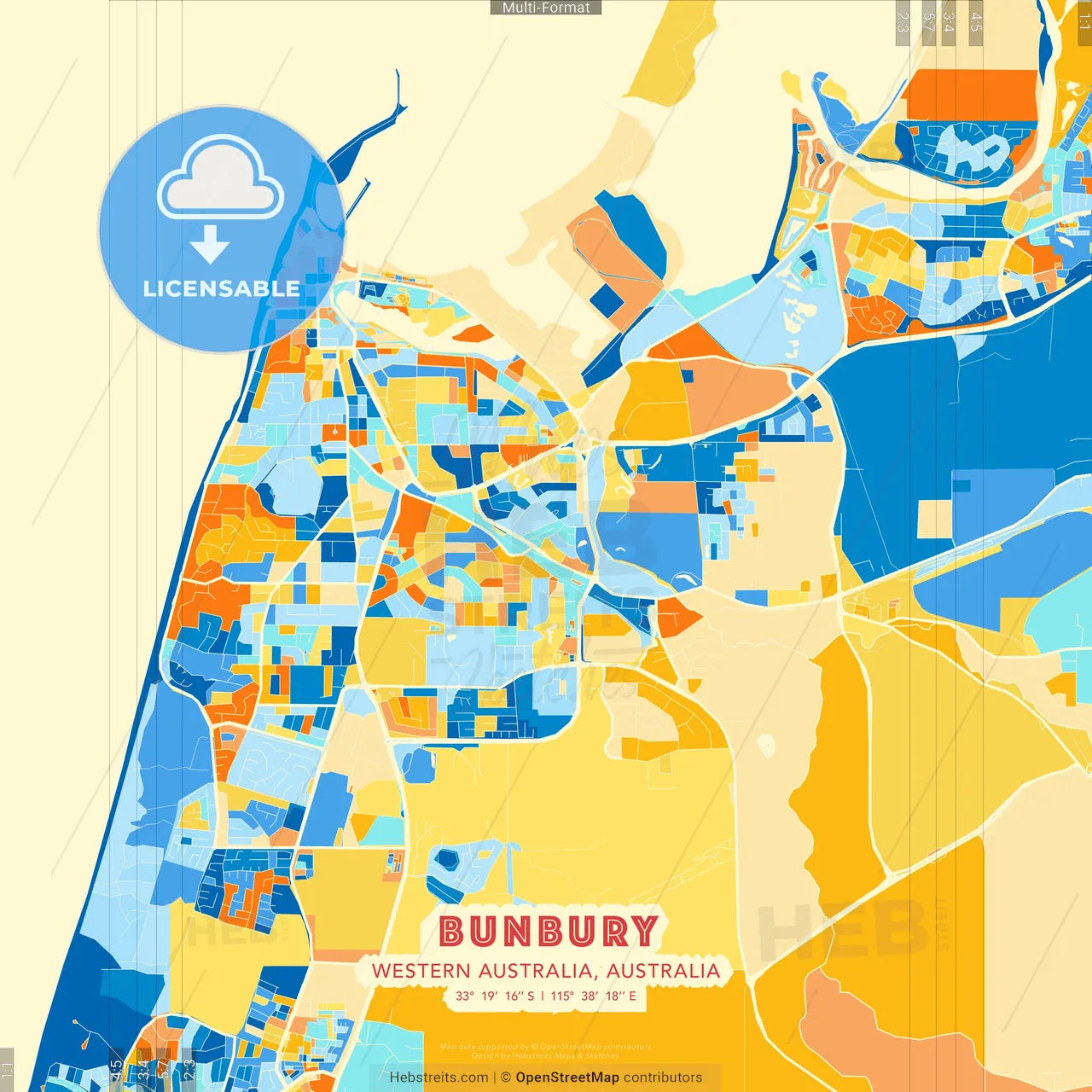 Bunbury, Western Australia, Australia blue and orange vector art map template