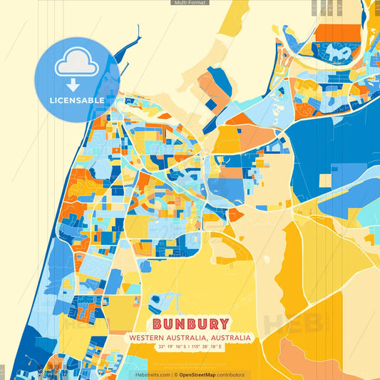 Bunbury, Western Australia, Australia blue and orange vector art map template