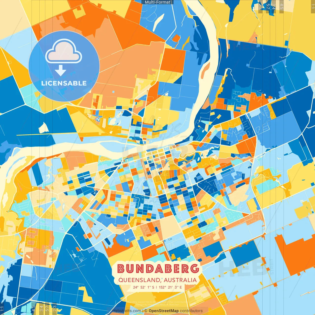 Bundaberg, Queensland, Australia blue and orange vector art map template