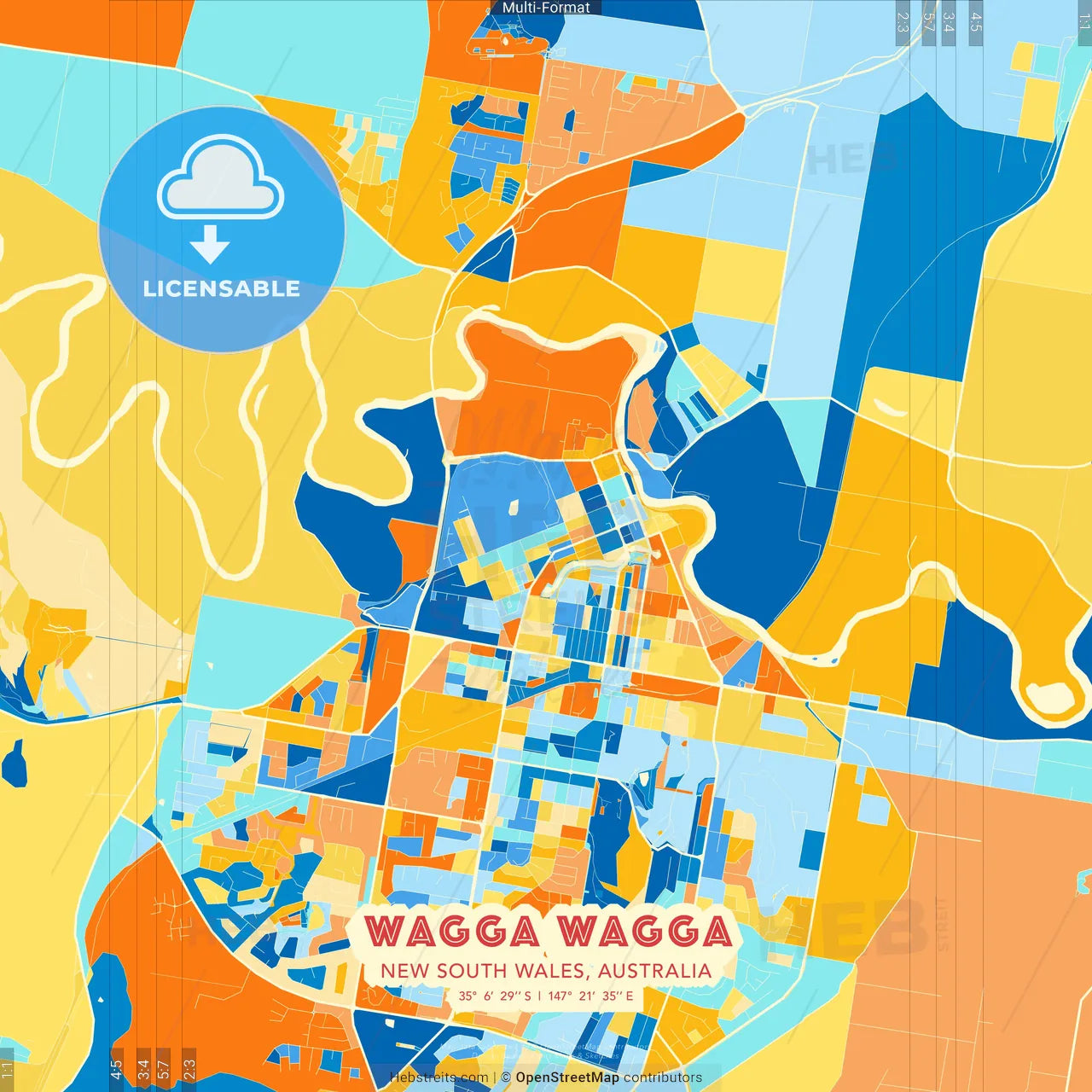 Wagga Wagga, New South Wales, Australia blue and orange vector art map template