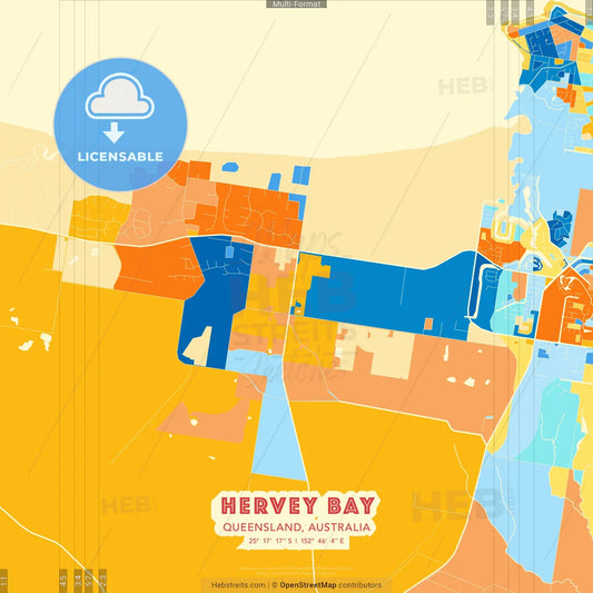 Hervey Bay, Queensland, Australia blue and orange vector art map template